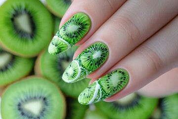 Kiwi fruit design nails on hand, fruit slices background