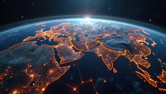 Earth globe with network connections. Global business, worldwide communication concept. Digital technology transforming world. Emerging markets, international trade, global economy.
