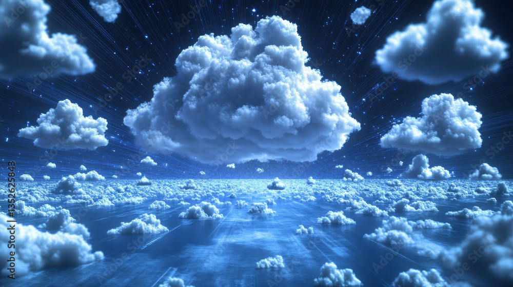 Poster storage technology concepts transfer data to cloud computing platforms. a large cloud icon stands ou