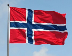 Capturing the essence of Norway, a striking red flag with blue and white cross flutters gracefully in the breeze, symbolizing national pride under a beautiful sky Generative AI