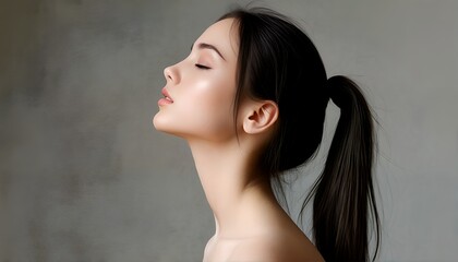 A side profile of a woman with her eyes closed and hair pulled back into a ponytail.