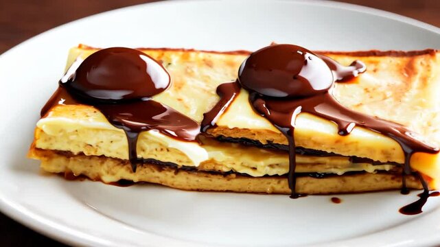 Close Up Of Layered Dessert With Chocolate Sauce On White Plate And Wooden Background