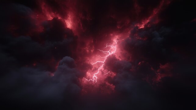A striking view of red lightning illuminating dark storm clouds.