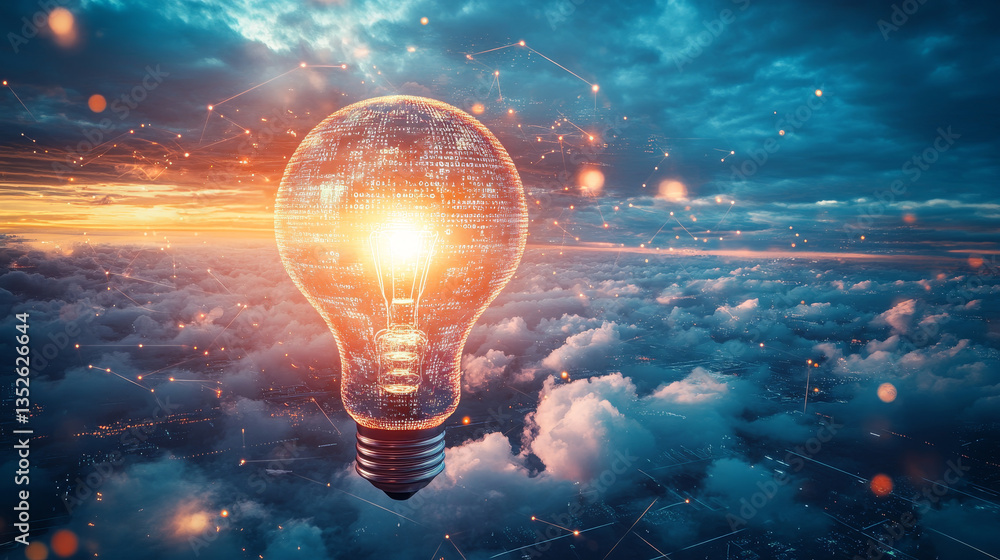 Poster business idea creative concept technology. light bulb glowing in the abstract world above clouds pol