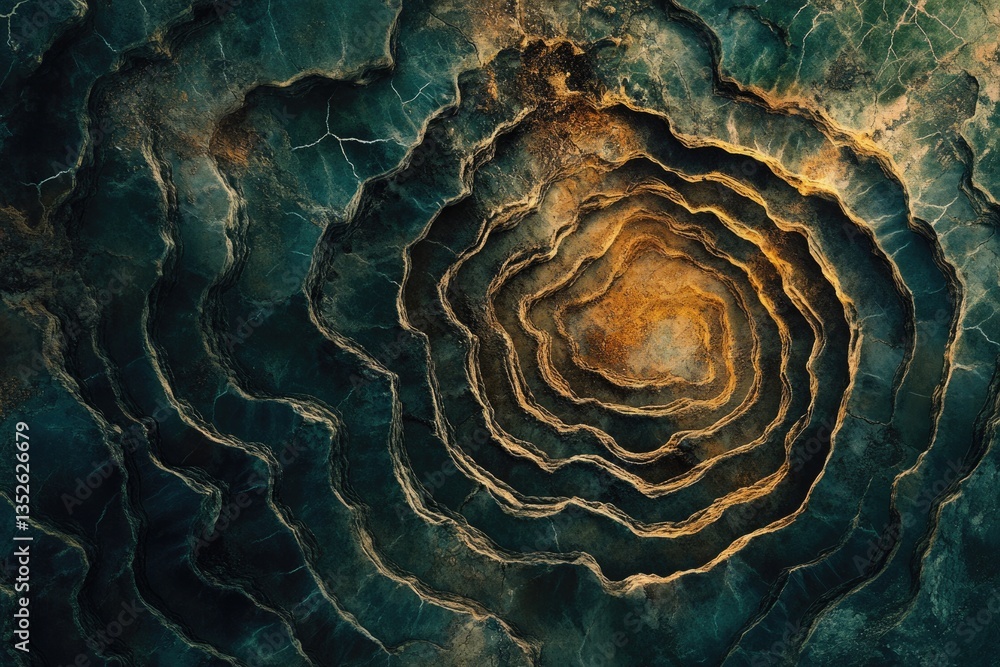 Poster abstract aerial view of layered rock formations, showcasing a mesmerizing spiral pattern in deep tea