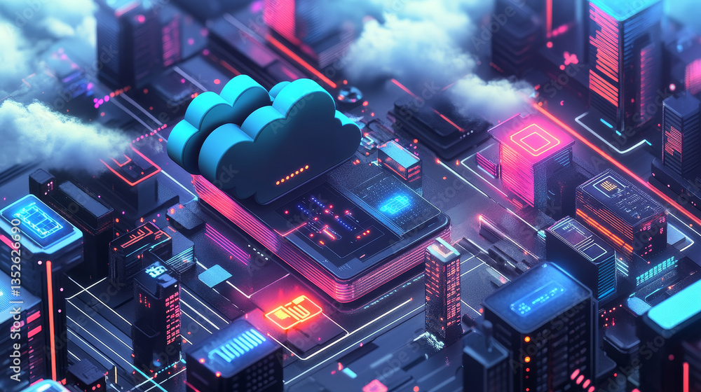 Poster cloud and edge computing technology concepts with cybersecurity data protection. a large cloud icon 