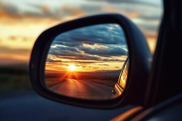 Fototapeta premium Sunset Reflections: Vibrant Clouds Captured in a Car's Rearview Mirror During a Scenic Drive