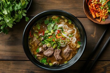 Traditional Pho Bo: Vietnamese Soup with Beef and Noodles in a Rustic Bowl - A Top View Delight