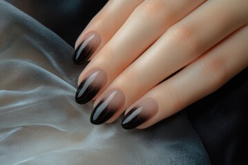 Elegant black ombre nails on hand, draped fabric background