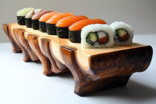 Colorful sushi assortment displayed elegantly on a wooden platter showcasing various types of rolls and nigiri - Powered by Adobe