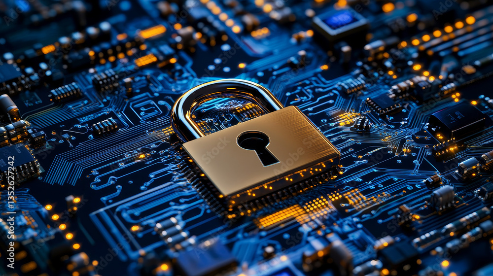 Poster padlock icon on circuit board, cyber security digital data network protection, future technology dig