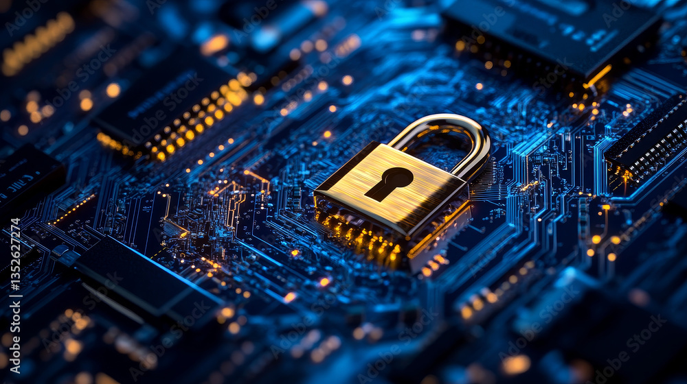 Poster padlock icon on circuit board, cyber security digital data network protection, future technology dig