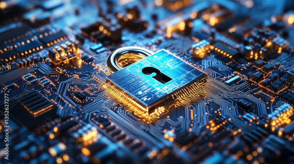 Poster padlock icon on circuit board, cyber security digital data network protection, future technology dig