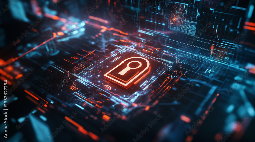 Poster hud padlock icon cyber security, digital data network protection, future technology digital data net
