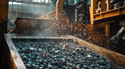 Vibrating Screen at Mineral Processing Plant: Ore Washing with Fan-like Liquid Stream in Kazakhstan's Industrial Landscape