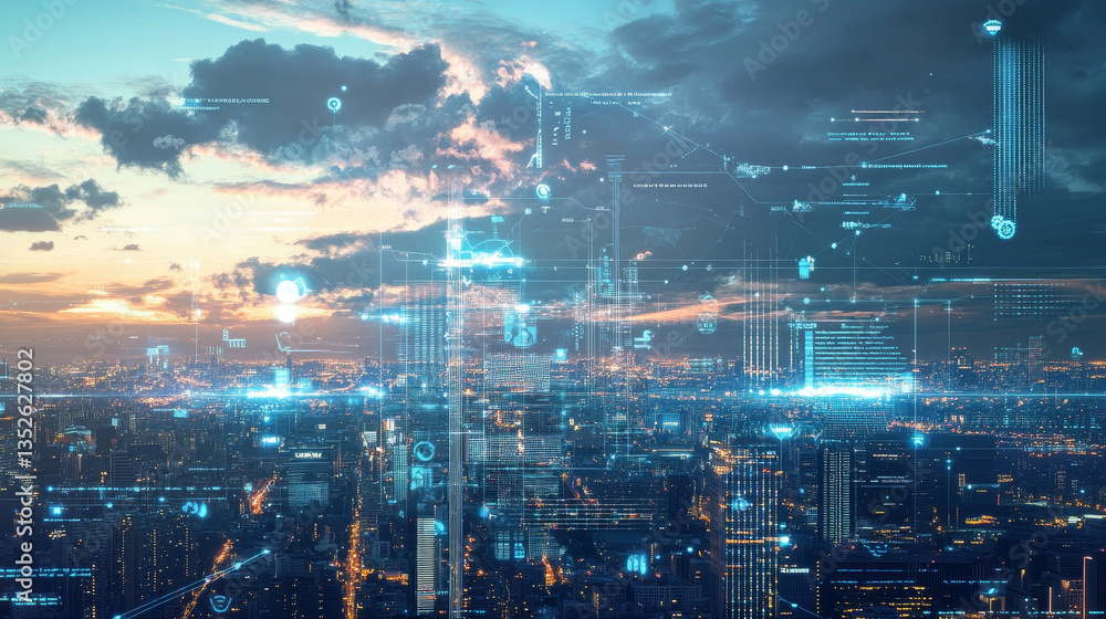 Poster metaverse and smart city of cyberspace digital data of futuristic and technology, internet and big d