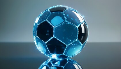 Naklejka premium The image is a 3D rendering of two soccer balls with blue lights and reflections.