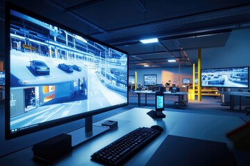 Modern security control room with large monitors displaying real-time footage of traffic and parking areas.