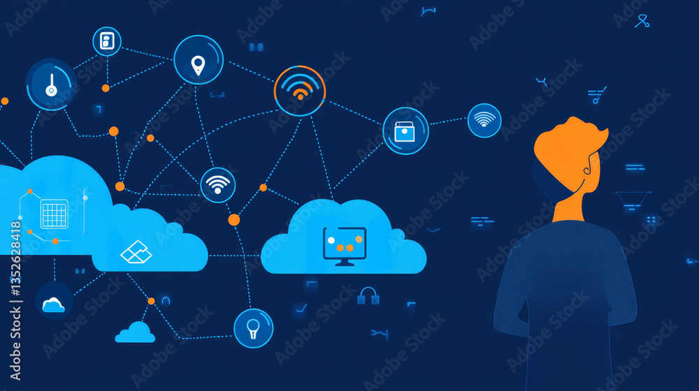 Poster cloud and edge computing technology concept. person who is looking at the rapidly changing growth of