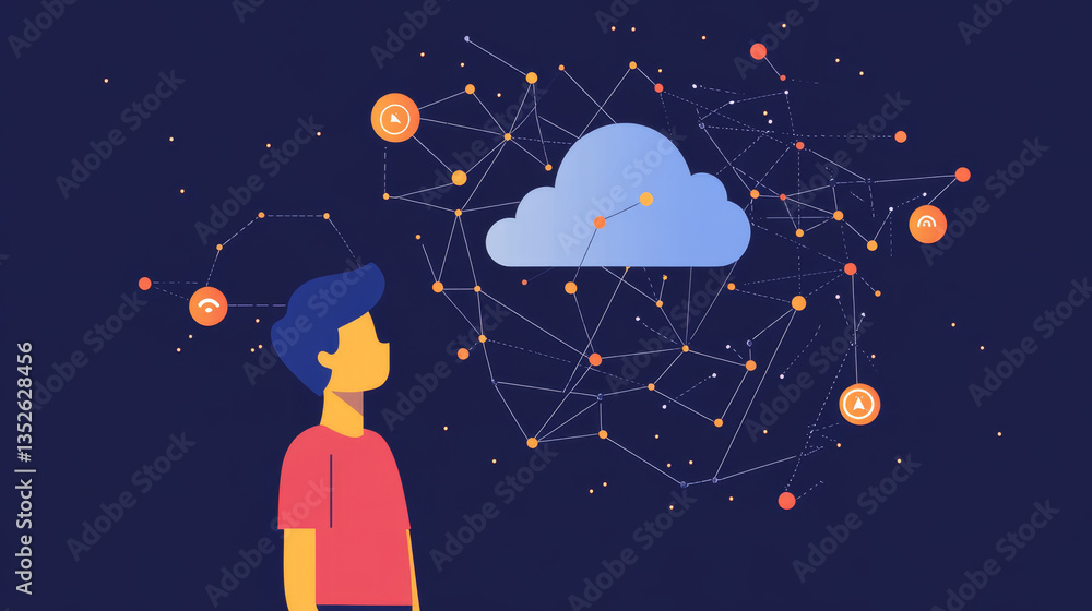 Poster cloud and edge computing technology concept. person who is looking at the rapidly changing growth of