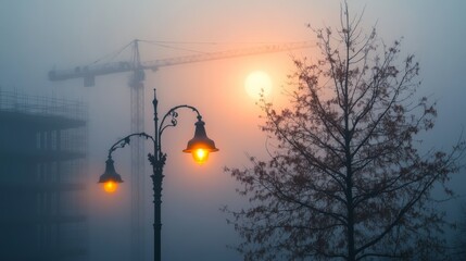 A foggy, misty morning in the city with street lamp, cranes and construction work.
