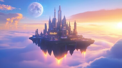 A fantasy city floats above the clouds near the moon