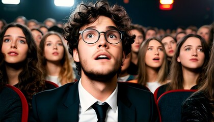 Fototapeta premium A man wearing glasses and a suit is looking upwards in shock at an event or performance.