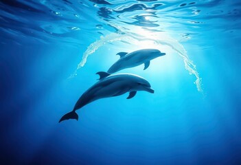 Fluid dolphin arc, ethereal underwater light, serene blues, bubbles, peaceful, wildlife