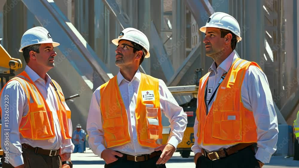 Poster workers engage in discussion during construction activities generative ai