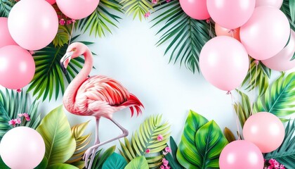 Pastel flamingo with tropical leaves & balloons, first birthday celebration, design, balloons