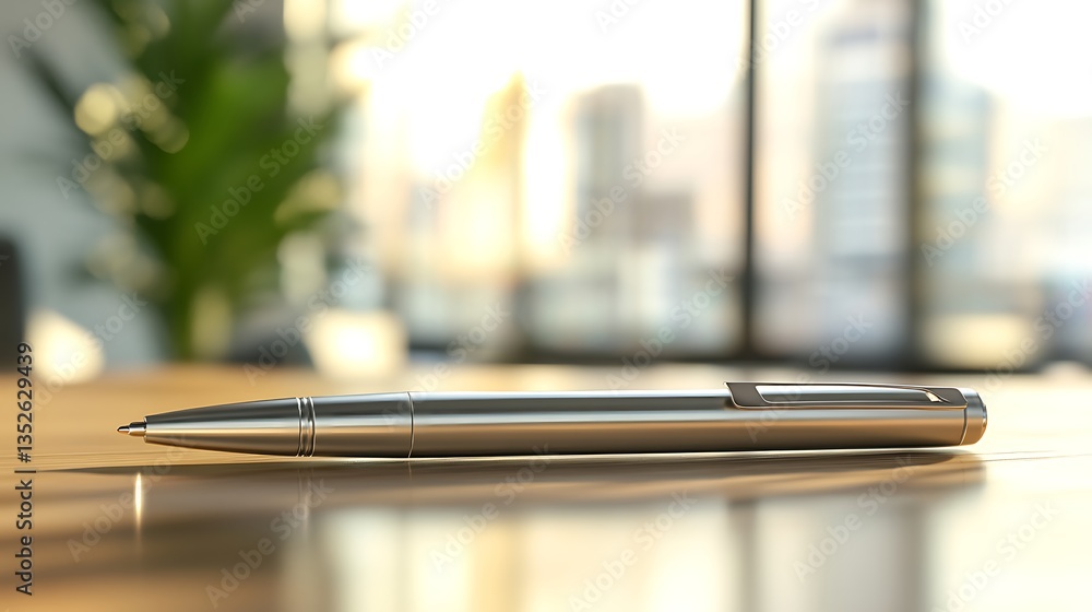 Poster sleek high-tech smart pen with metallic finish placed in a modern office environment featuring ample