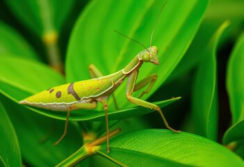 Perfectly camouflaged praying mantis on vibrant green leaves, natural habitat, biology, green