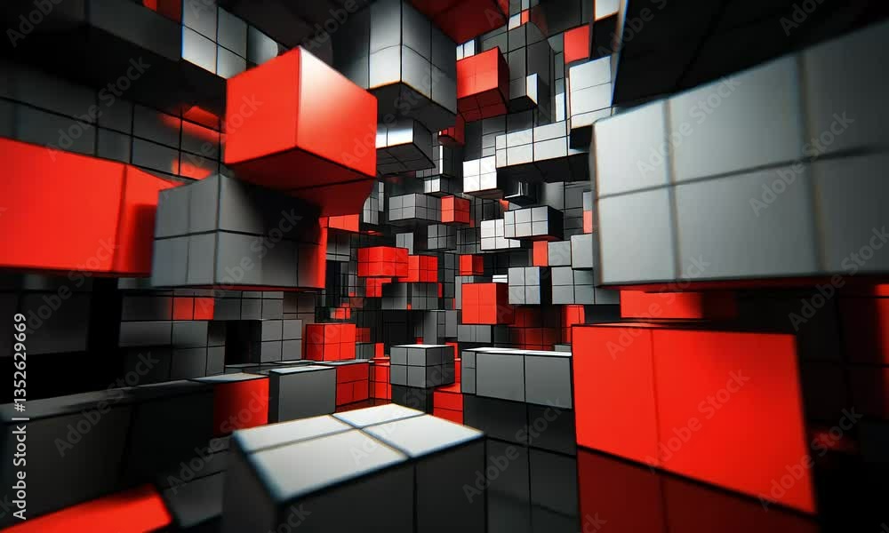 Poster abstract red and gray cube 3d geometric art design