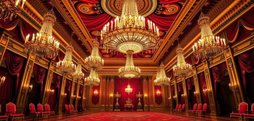 Obraz premium Gilt-edged ballroom, opulent chandeliers, rich fabrics, crystal, pattern