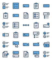 Filled blue outline icons set for Form fields, tasks, documents.