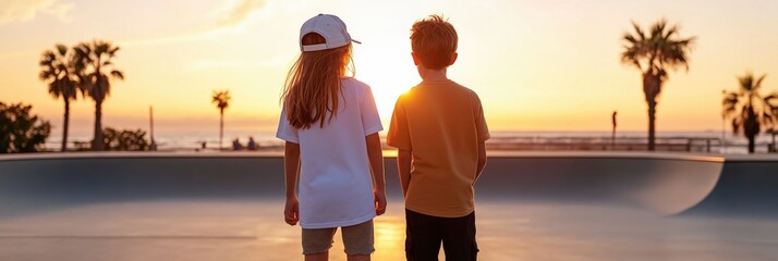 Two young children, a boy and a girl, are standing on a skateboard park, looking out at the beautiful sunset in the background. The sky is painted with warm colors, and the sun is setting