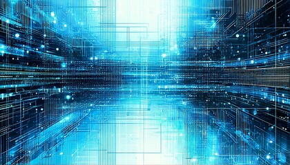 A blue and black digital illustration of computer circuits.