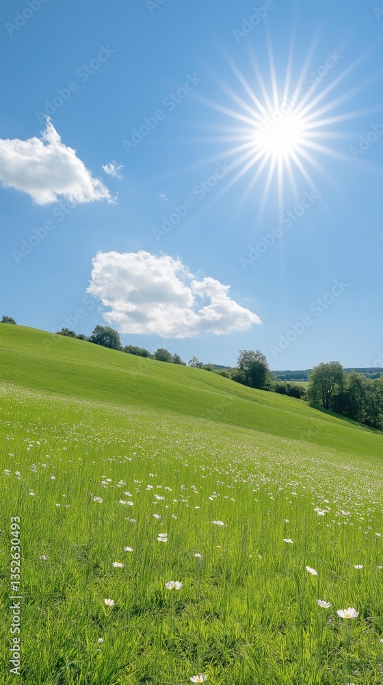 Poster a field of green grass with a bright sun shining down on it. the sun is the main focus of the image,