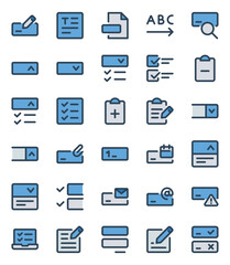 Filled blue outline icons set for Form fields, tasks, documents.