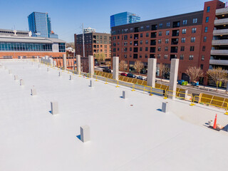 Sunny Daytime Drone Images of a Parking Deck Under Construction in Downtown Raleigh North Carolina. 