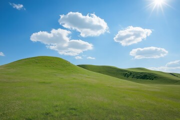 Obraz premium A large, grassy hillside with a clear blue sky and a few clouds. The sun is shining brightly, creating a warm and inviting atmosphere. The scene is peaceful and serene