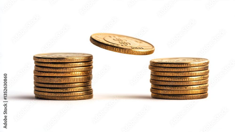 Poster vector shiny gold coins in three stacks with another falling down isolated on white background - fin