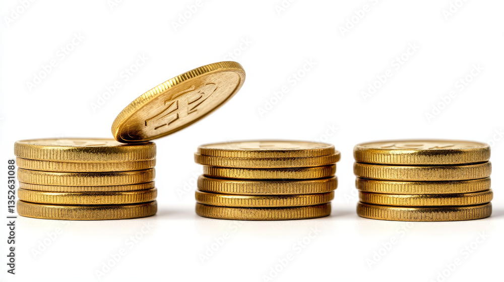 Poster vector shiny gold coins in three stacks with another falling down isolated on white background - fin