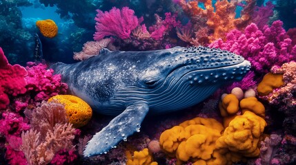 Humpback Whale amidst Vibrant Coral Reef Ecosystem: Underwater Harmony
