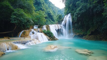 Serene waterfall cascading into a turquoise pool surrounded by lush foliage.