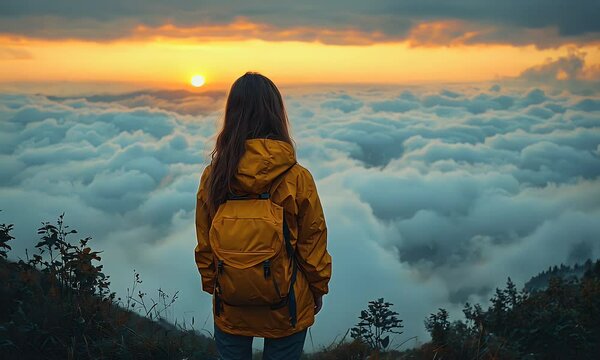 Woman on mountaintop at sunrise, overlooking clouds