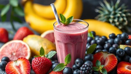 Refreshing pink smoothie in glass, surrounded by fresh fruit,  juicy, pineapple