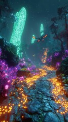 Obraz premium A scenic landscape of glowing flora and a flying creature