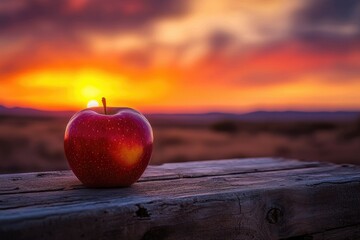 A single red apple rests on a rustic wooden table against a vibrant sunset backdrop.