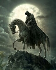 Fototapeta premium A grim reaper on a skeleton horse standing in front of the moon.